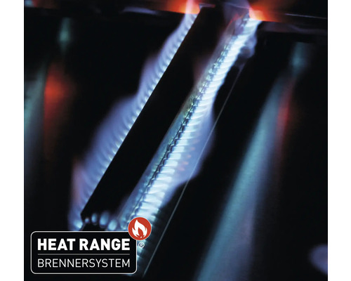 Gros plan sur des brûleurs de barbecue à gaz allumés avec le logo du système de brûleurs Heat Range.