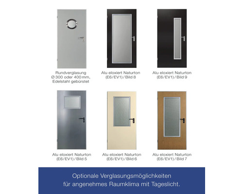 Différentes portes avec vitrage rond ou rectangulaire pour un climat intérieur agréable avec la lumière du jour.