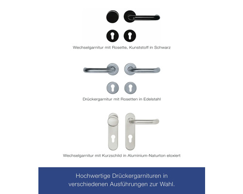 Garnitures de poignées de porte en différents modèles: garniture à rosette en plastique, garniture à rosette en acier inoxydable et garniture à plaque courte en aluminium