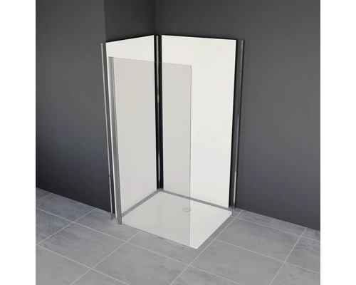 Cabine de douche d''angle avec parois en verre transparent et bac à douche blanc dans un environnement de salle de bains