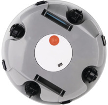 Unterseite eines Staubsaugerroboters mit Sensoren, Rädern und Batteriefach