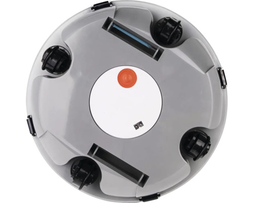 Unterseite eines Staubsaugerroboters mit Sensoren, Rädern und Batteriefach