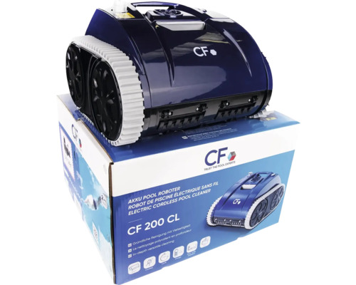 Robot de piscine sans fil bleu sur un carton