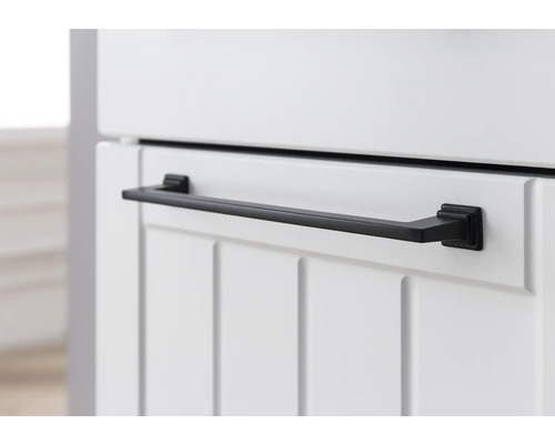 Detailaufnahme eines Badezimmerschranks mit einem schwarzen Handtuchhalter.