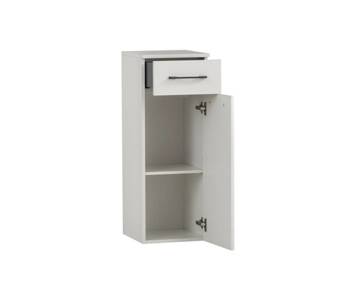 Armoire suspendue blanche avec tiroir et compartiment ouvert pour le rangement de salle de bain