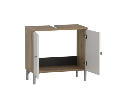 Waschtischunterschrank mit zwei offenen Türen und silberfarbenen Füßen