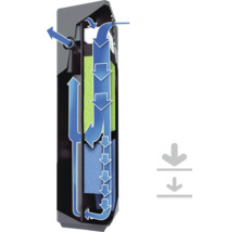 Illustration eines Aquarienfilters mit Wasserflussanzeige