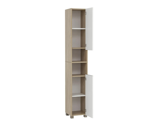 Hochschrank mit mehreren Einlegeböden und zwei offenen Türen