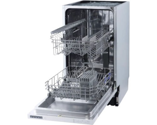 Lave-vaisselle ouvert avec deux paniers à vaisselle et un panier à couverts