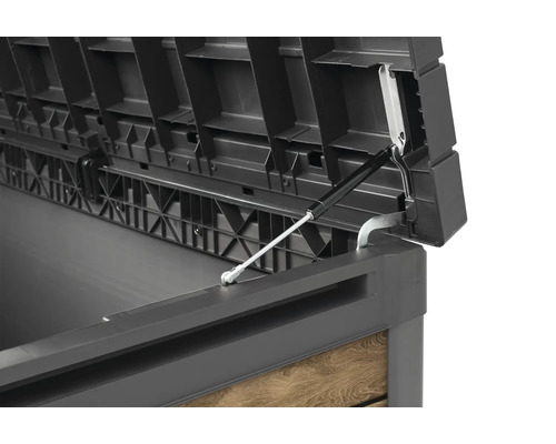 Vue intérieure d''un coffre de jardin ouvert avec ressort à gaz