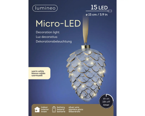 Lumineo Micro-LED Lampe décorative avec 15 LED, 15 cm de diamètre, alimentation par piles, fil d''argent et minuterie pour l''intérieur