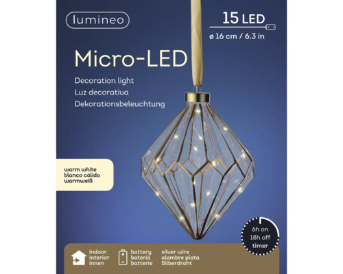 Micro LED lumière décorative à piles avec fonction de minuterie, environ 16 centimètres de diamètre