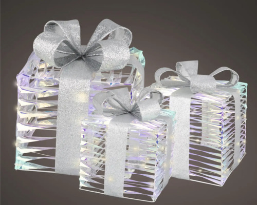 Drei dekorative Acrylgeschenkboxen mit Schleifen