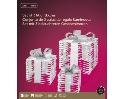 Set mit drei beleuchteten Geschenkboxen mit Schleife