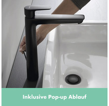 Schwarze Waschtischarmatur mit Pop-up Ablauf auf einem Waschbecken