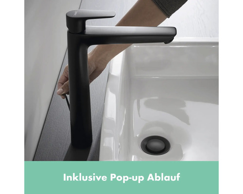 Schwarze Waschtischarmatur mit Pop-up Ablauf auf einem Waschbecken