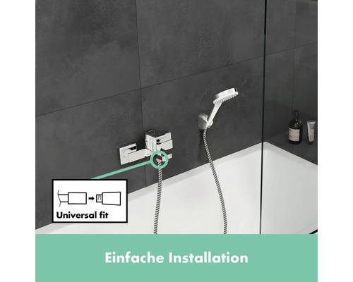 Robinet de salle de bain avec douchette et indication de compatibilité universelle