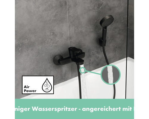 Schwarze Badewannenarmatur mit Handbrause und Air Power Symbol.