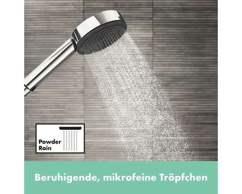 Handbrause mit Wasserstrahl und Symbol für Powder Rain Strahlart