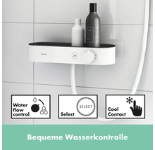 Duscharmatur mit Ablage und den Symbolen Wasserflusskontrolle, Select und Cool Contact.