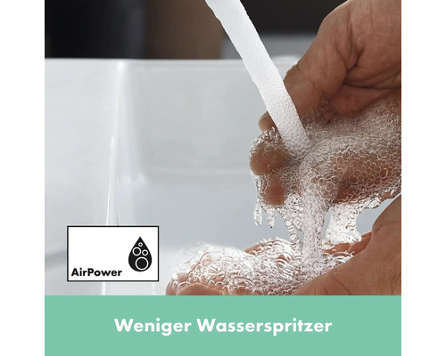 Wasserhahnstrahl mit AirPower Technologie für weniger Wasserspritzer