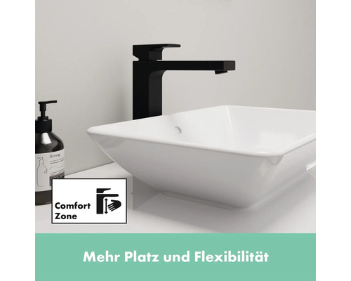 Lavabo avec robinet noir et symbole Comfort Zone