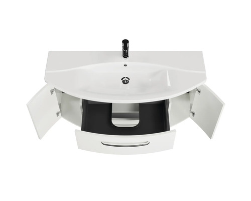 Meuble-lavabo blanc avec meuble bas ouvert et tiroir