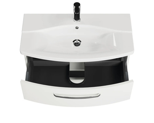 Meuble-lavabo avec tiroir ouvert et robinetterie