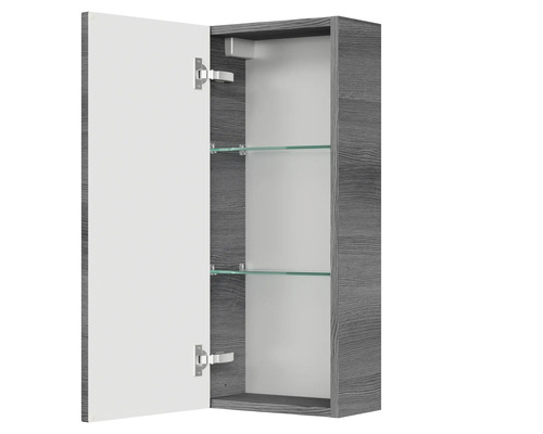 Geöffneter Badezimmer-Spiegelschrank mit Glasregalen