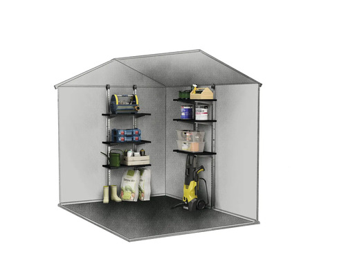 Intérieur de cabanon de jardin avec étagères pour ranger les outils de jardinage