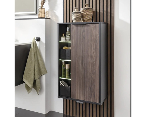 Salle de bains avec armoire suspendue avec porte et étagères