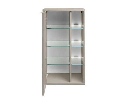 Armoire de toilette ouverte avec étagères en verre