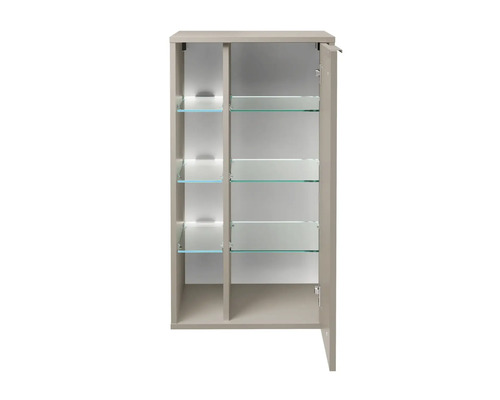 Armoire de toilette ouverte avec étagères en verre