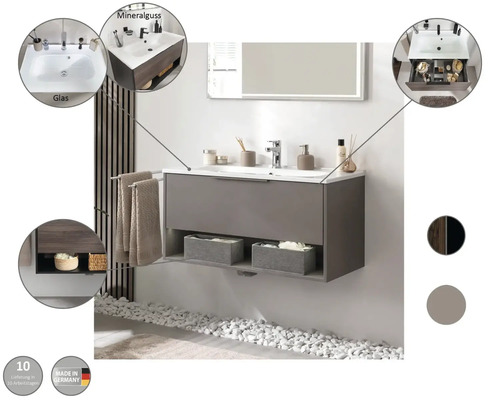 Waschtisch mit Mineralgussbecken und Glasbecken, Badezimmerdesign mit Stauraum