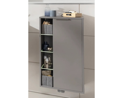 Meuble de salle de bain suspendu gris avec étagères et boîtes de rangement