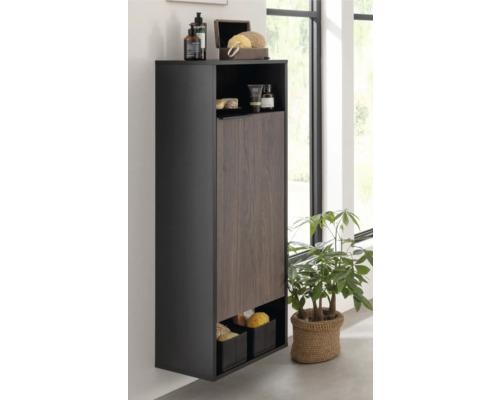 Meuble de salle de bain suspendu avec porte et compartiments ouverts pour le rangement de la salle de bain