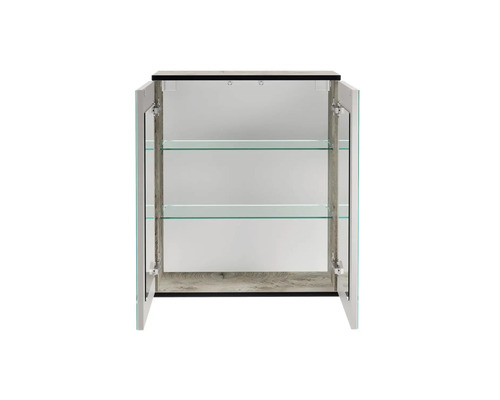 Armoire de toilette ouverte avec deux étagères en verre