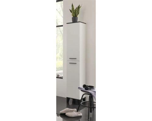 Hoher Badezimmerschrank mit zwei Türen und schwarzen Griffen