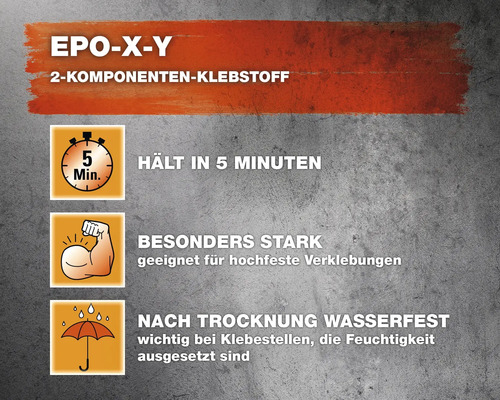 Propriétés de la colle bicomposante EPO-X-Y : prise en 5 minutes, particulièrement résistante, imperméable après séchage.