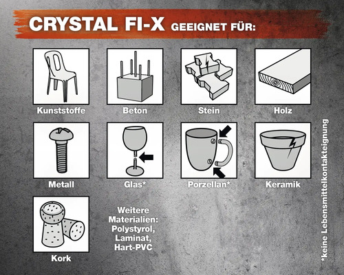 Crystal Fix geeignet für Kunststoffe, Beton, Stein, Holz, Metall, Glas, Porzellan, Keramik, Kork, Polystyrol, Laminat und Hart PVC