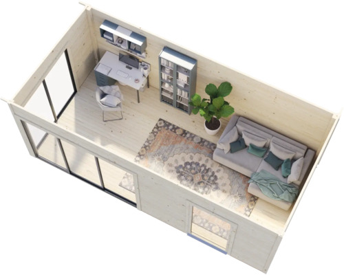 Vue intérieure d''une maison de jardin avec mobilier de bureau et coin salon