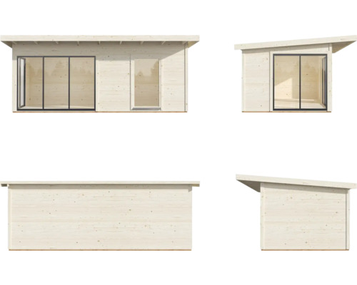 Vues d''une cabane de jardin avec toit plat, composée de bois et de verre