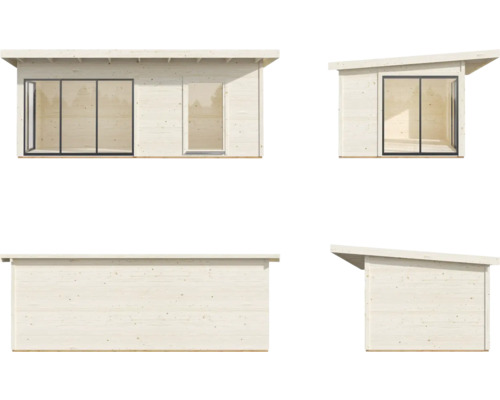 Abri de jardin en bois avec porte coulissante et toit monopente sous différents angles