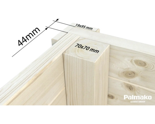 Vue détaillée d''un coin en bois avec indications de dimensions : 44 mm, 19 x 95 mm et 70 x 70 mm.