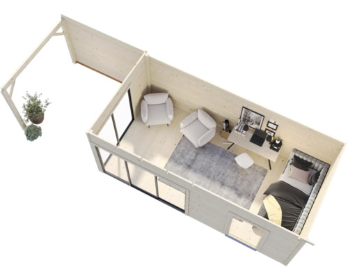 Vue intérieure d''une maison de jardin moderne avec mobilier de bureau et espace de détente