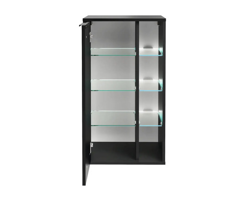 Armoire de toilette ouverte avec étagères en verre