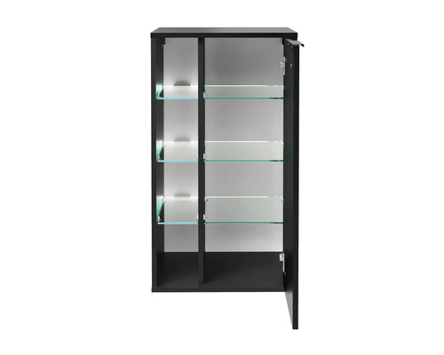 Armoire de toilette noire ouverte avec étagères en verre