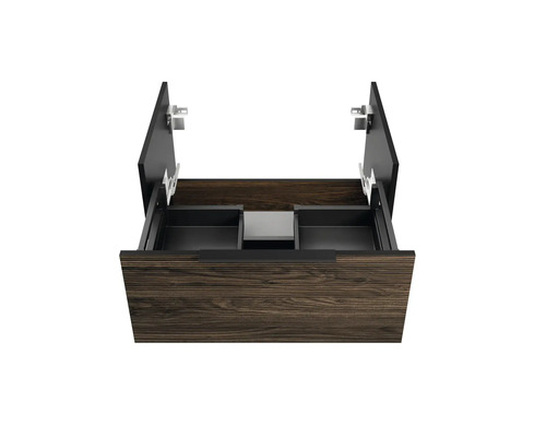 Waschtischunterschrank mit geöffneten Schubladen und Holzoptik