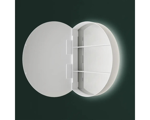 Runder Spiegelschrank mit geöffneter Tür und Innenregalen