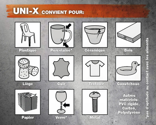 UNI-X convient pour: plastique, porcelaine, céramique, bois, liège, cuir, textile, caoutchouc, papier, verre, métal, autres matériaux : PVC rigide, carton, polystyrène. Ne convient pas au contact avec les aliments.